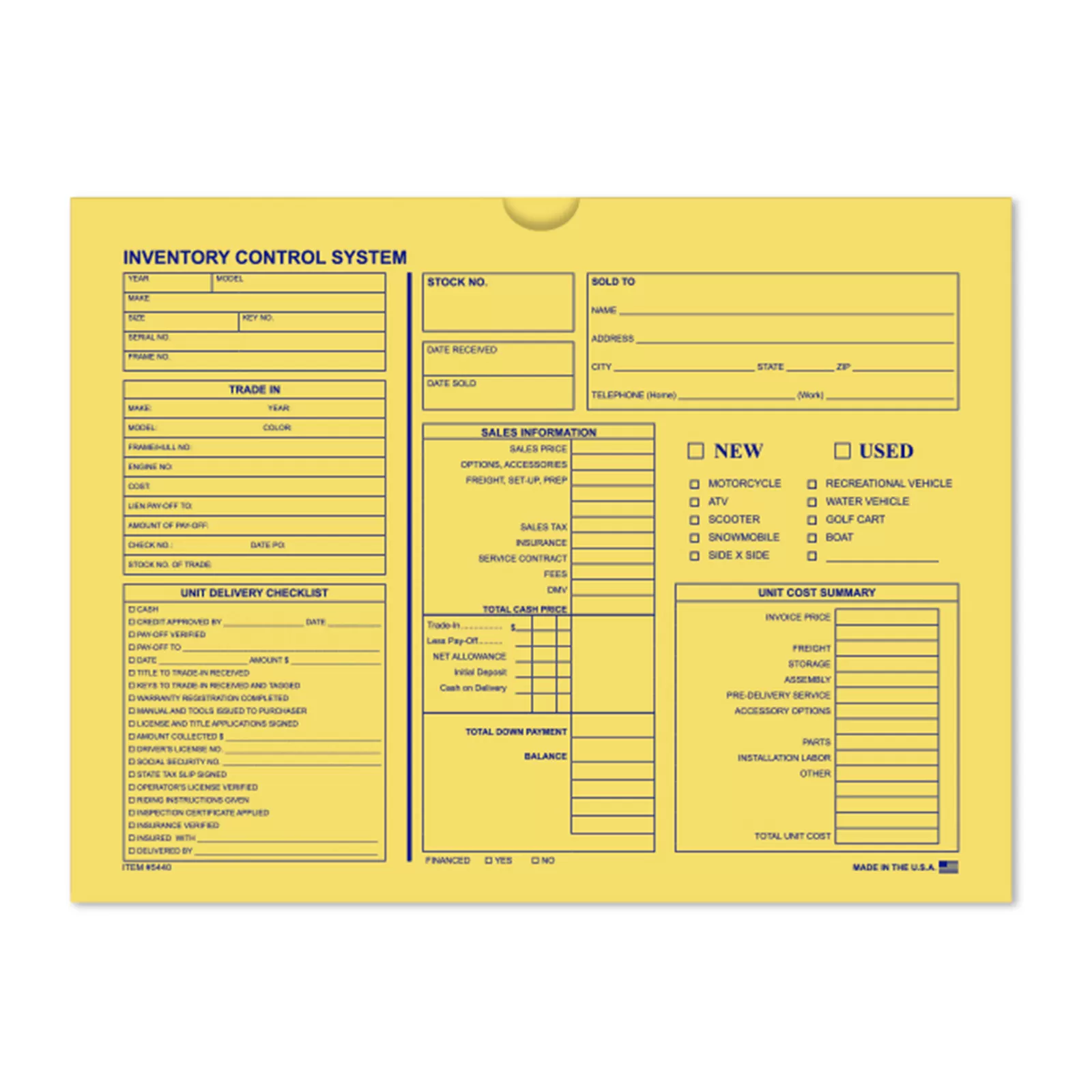 Buff inventory control deal jacket with blue printed recordkeeping fields