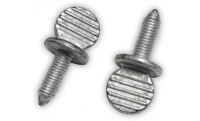 Two metal metric license plate thumb screws with flat ridged thumb heads