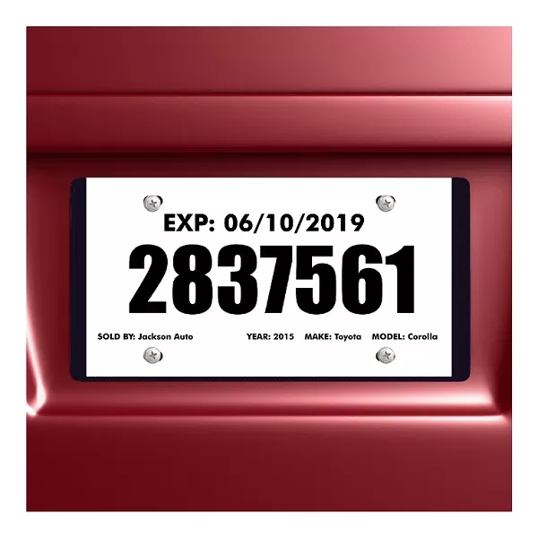Printed temporary tag mounted on a red vehicle; TRT52 5 mil tags are supplied blank