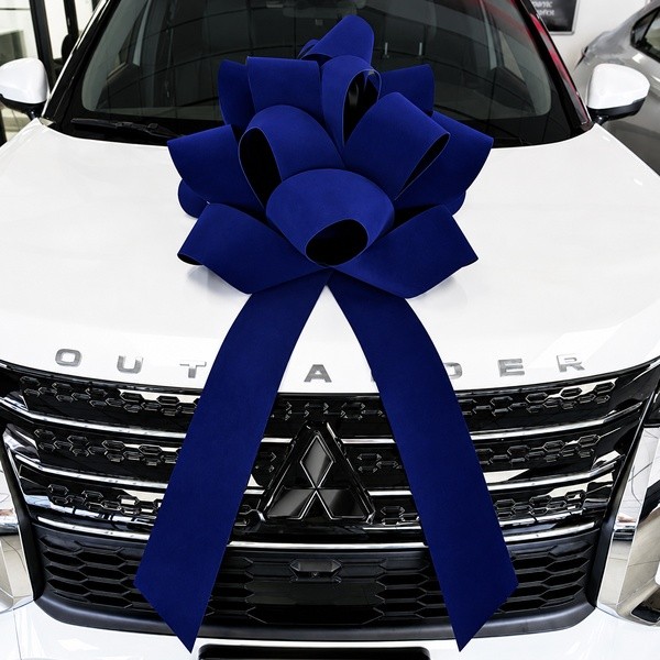 Blue velvet-finish magnetic car bow measuring 25 inches wide by 40 inches long