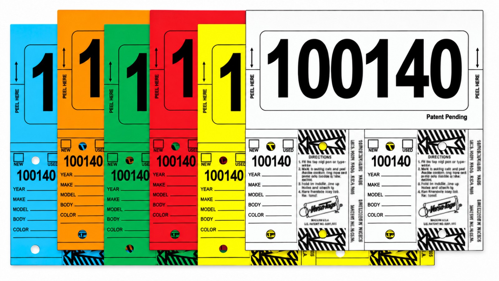 Consecu-Tags 226 key tag and stock sticker sets in blue, orange, green, red, yellow and white, with sample number 100140