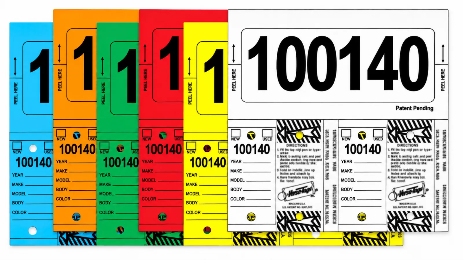 Consecu-Tags 226 key tag and stock sticker sets in blue, orange, green, red, yellow and white, with sample number 100140